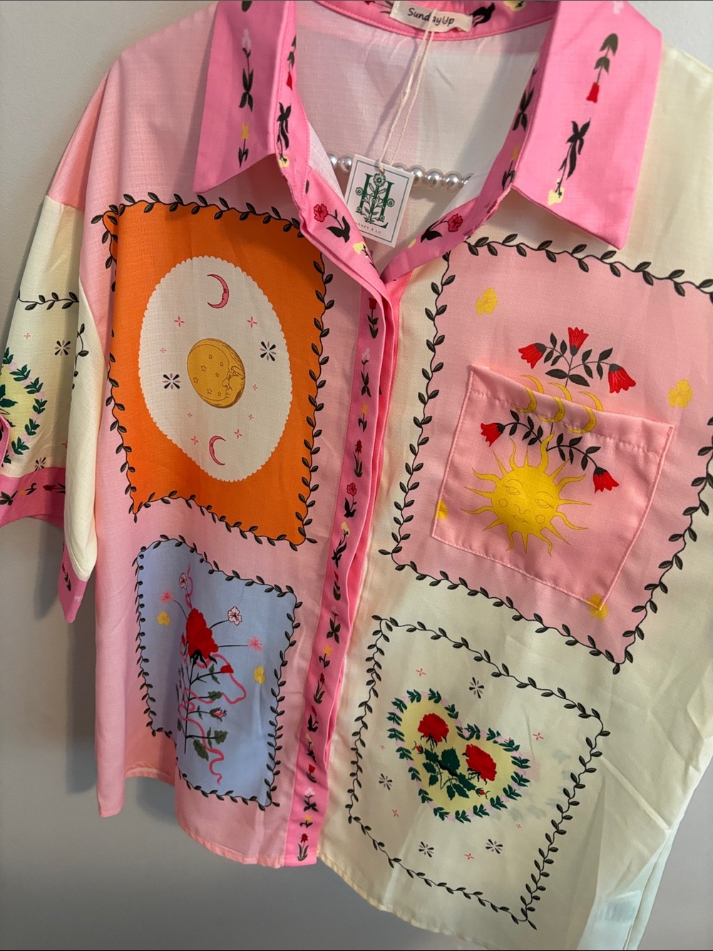 NEW Sunday Up Pink Patchwork Sun & Moon Button-Down Shirt size large - Picture 2 of 6